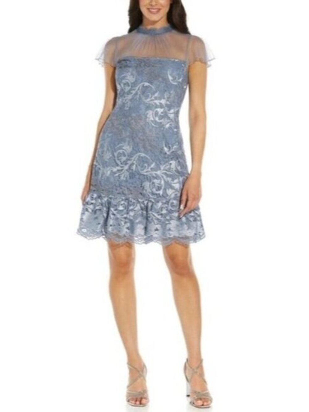 Adrianna Papell Women's Embroidered Lace Flounce Dress SIZE 8 in Lt Blue NWT